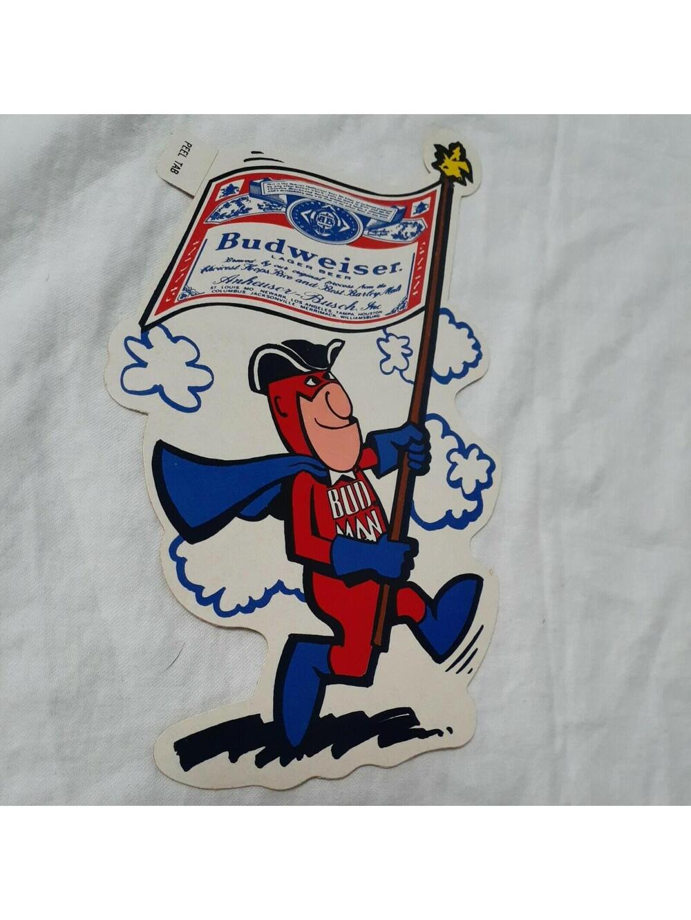 Budweiser Bud Man Patriot w/ Flag Sticker Vintage Authentic Ad 1976 8 x 4